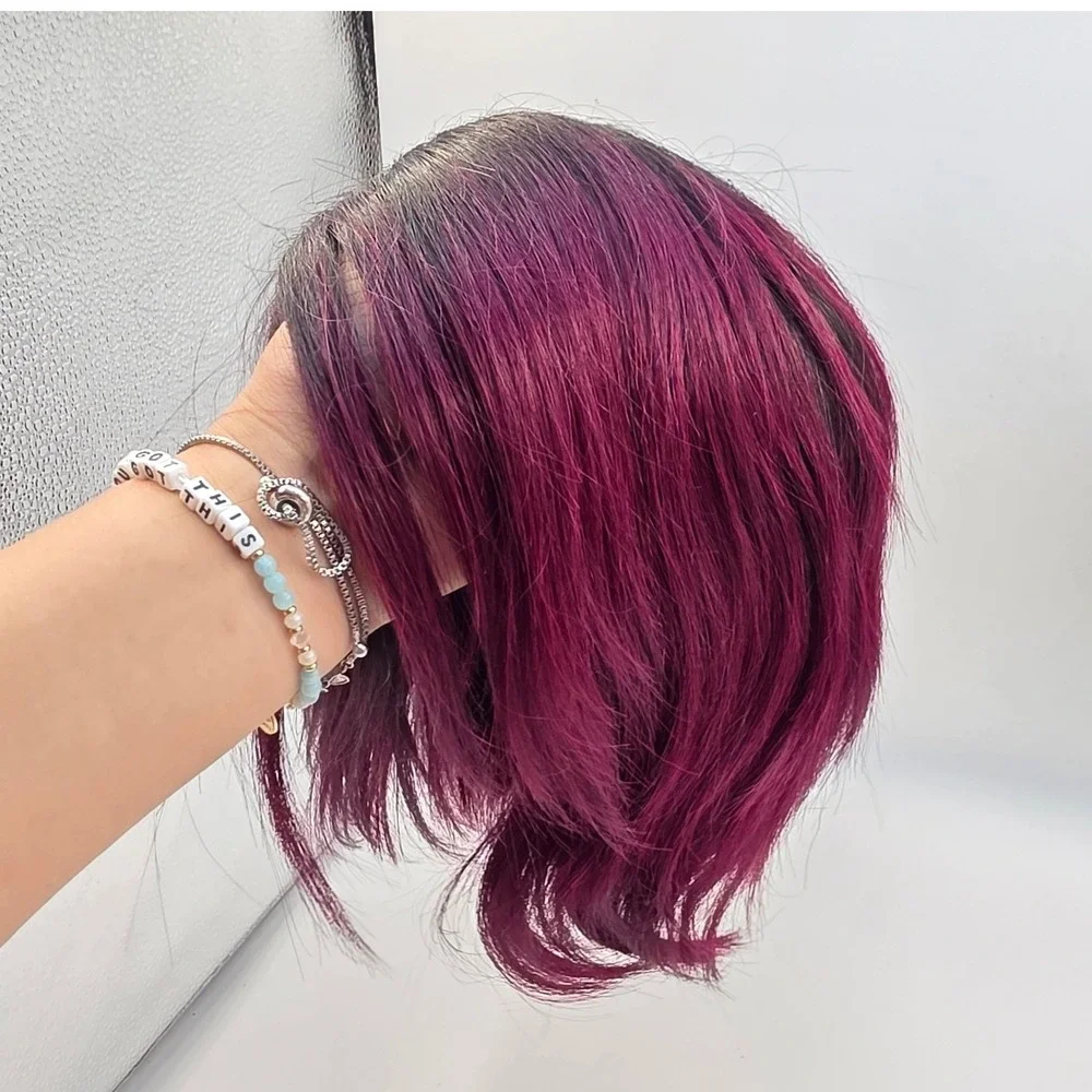 100% Human Hair Ombre Magenta Purple Bob Wig Dark Roots Layered Short Style